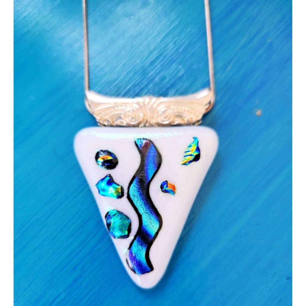 Fused Glass Pendant Opaque White Trangle W/ Blue Dichroic 925 Chain Necklace